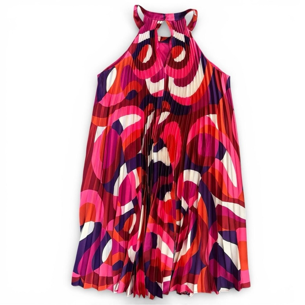 NY & Co Halter Neck Pleated Flowy Dress Knee High Length Pink Red Purple M - Picture 3 of 9